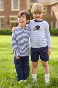 Little English traditional children's clothing.  Light blue and navy Winslow Stripe long sleeve polo shirt paired with navy essential jogger.  Light blue stripe long sleeve applique t-shirt with football and helmet applique paired with navy twill basic shorts.