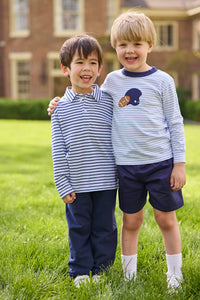 Little English traditional children's clothing.  Light blue and navy Winslow Stripe long sleeve polo shirt paired with navy essential jogger.  Light blue stripe long sleeve applique t-shirt with football and helmet applique paired with navy twill basic shorts.