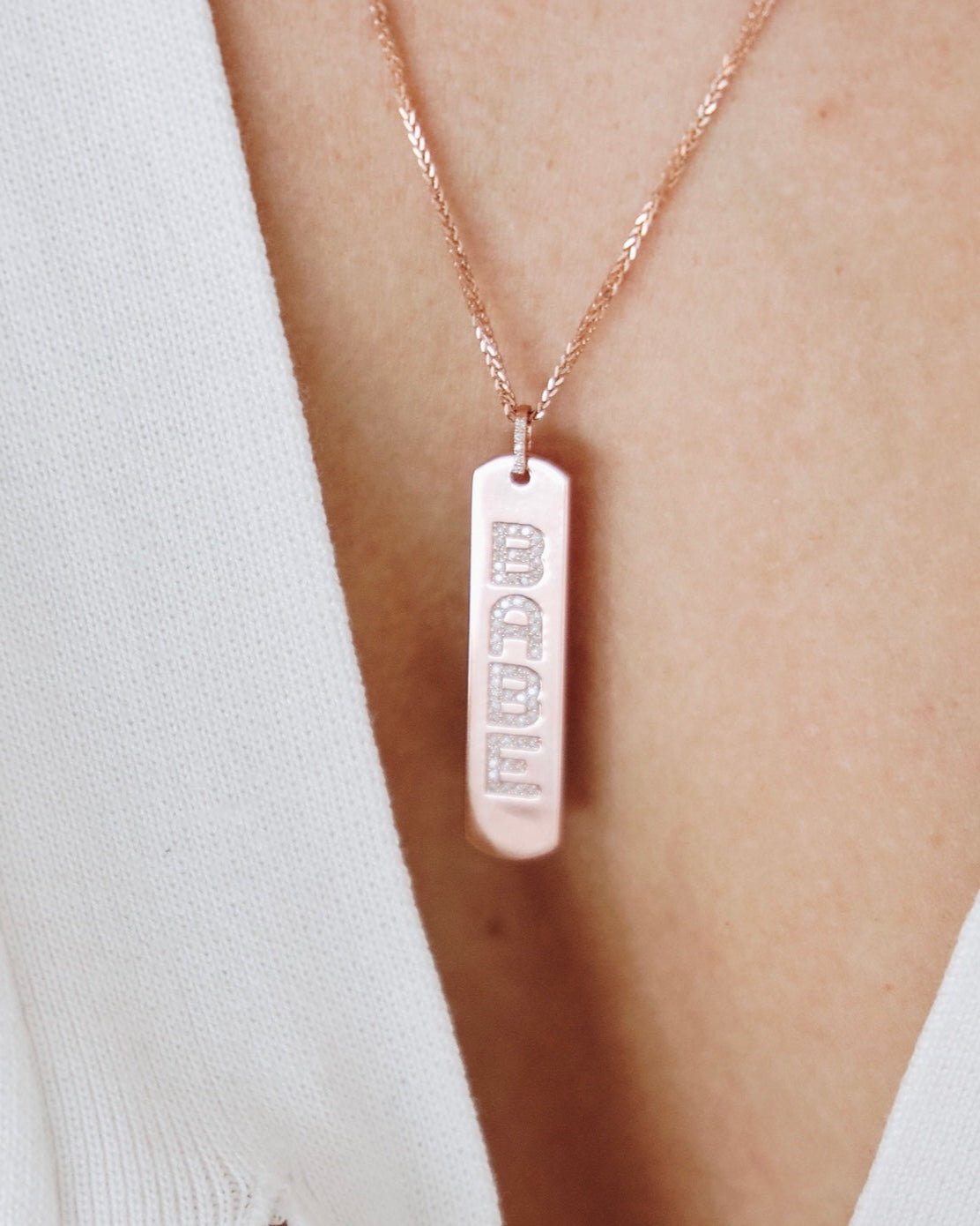 Longtag Necklace shown engraved with "Babe"., 14k yellow gold, 14k rose gold, 14k white gold