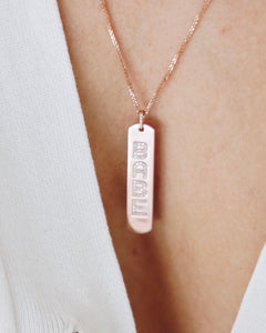 Longtag Necklace shown engraved with "Babe"., 14k yellow gold, 14k rose gold, 14k white gold