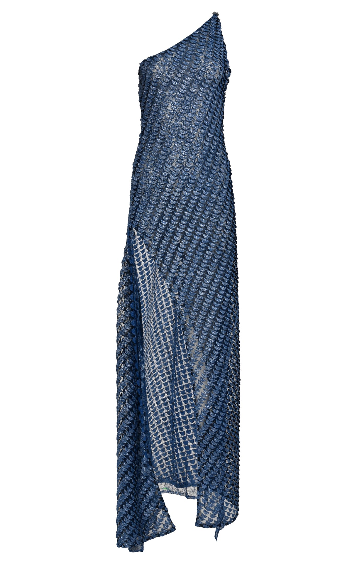 Front view of Lotus Dress showcasing blue textured mesh, asymmetric silhouette, and side slit against a white background
