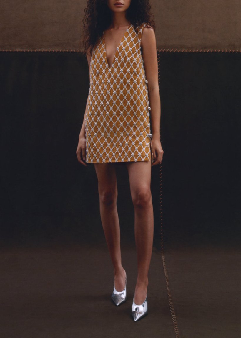 Front view of Annie Suede Mini Dress showcasing beaded suede, silver half-dome buttons, and deep V-neckline