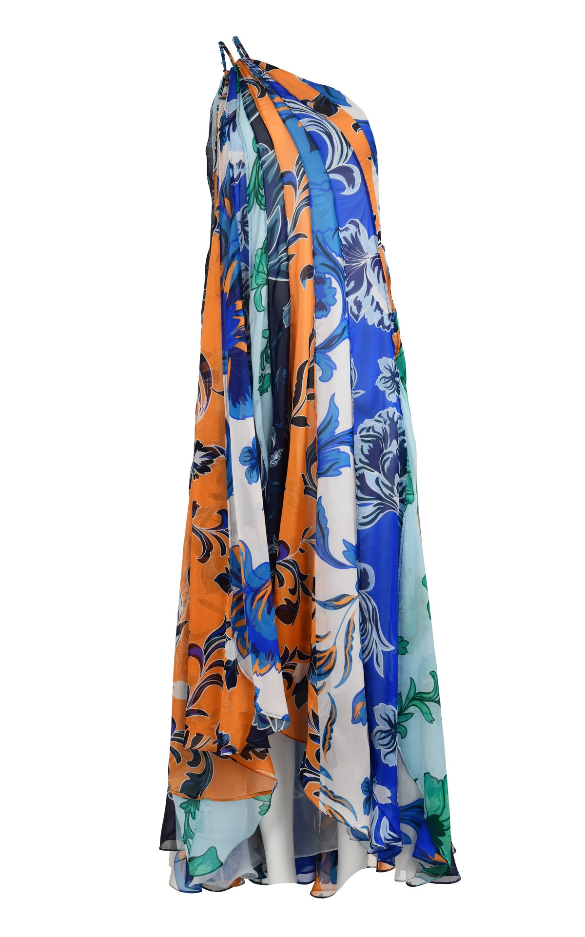Front view of Iris Dress showcasing one shoulder silhouette and cascading printed silk chiffon against a white background