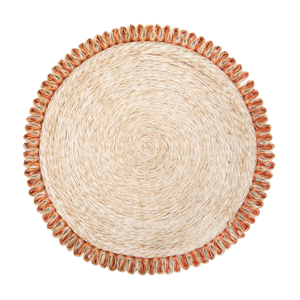 Loopy Abaca 15" Round Placemat in Natural & Orange, Set of 4