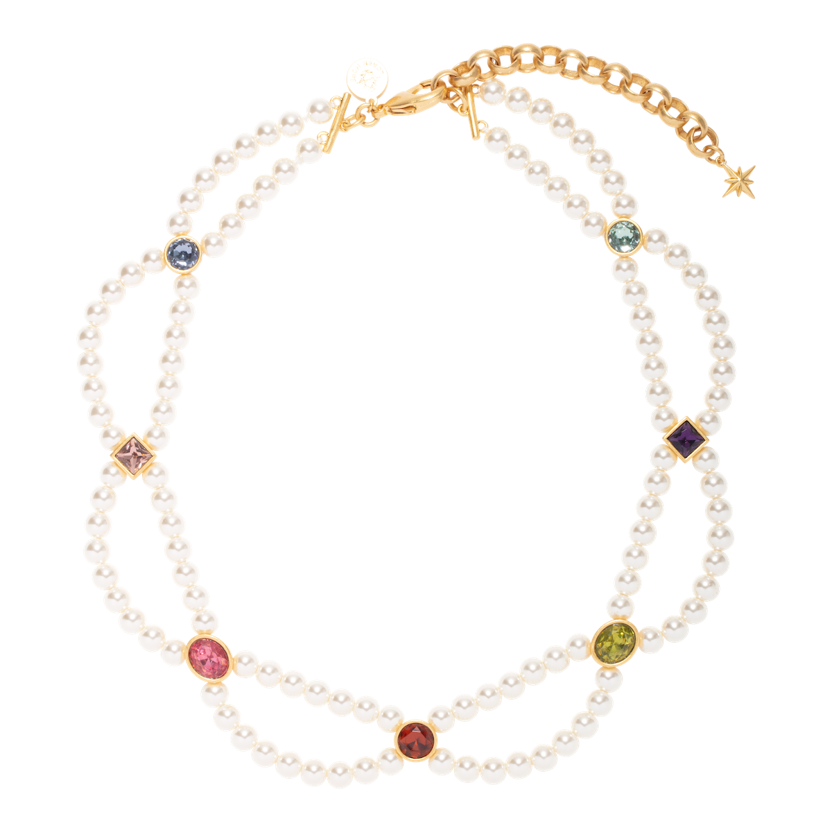 Flat lay of Lenora Pearl Necklace showing double strands of glass pearls with bezel-set multicolored stones and 18K gold finish clasp on white background