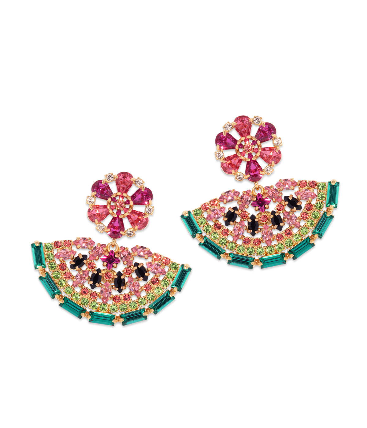 Front view of Watermelon Slice Earrings showcasing multicolored jeweled drops and gold finish on a black background