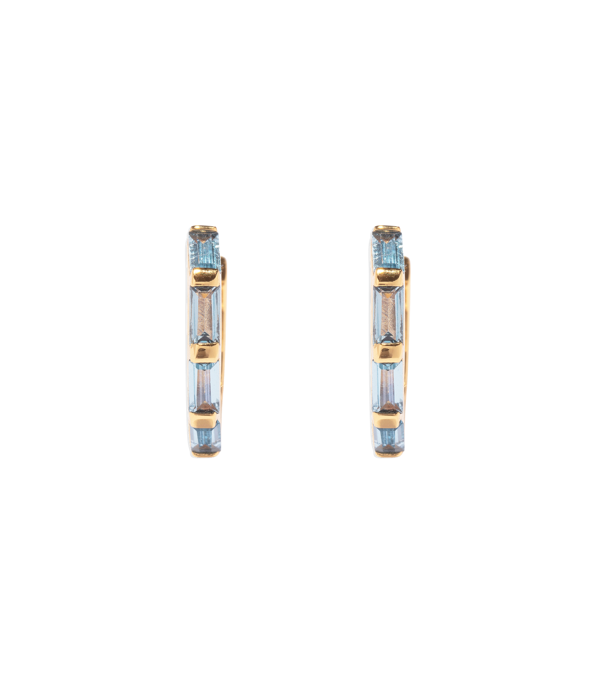 Front view of Thea Hoops showcasing slim baguette crystals with a black background