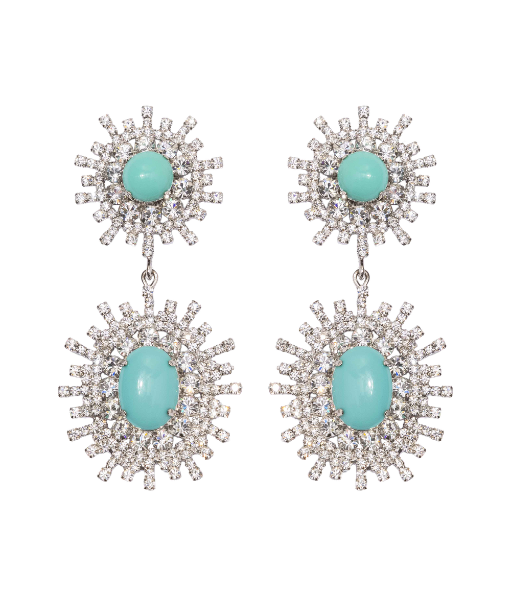 Front view of Stevie Statement earrings with turquoise cabochons and crystal sunburst frames