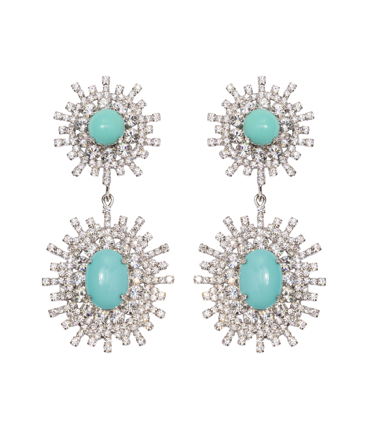 Front view of Stevie Statement earrings with turquoise cabochons and crystal sunburst frames