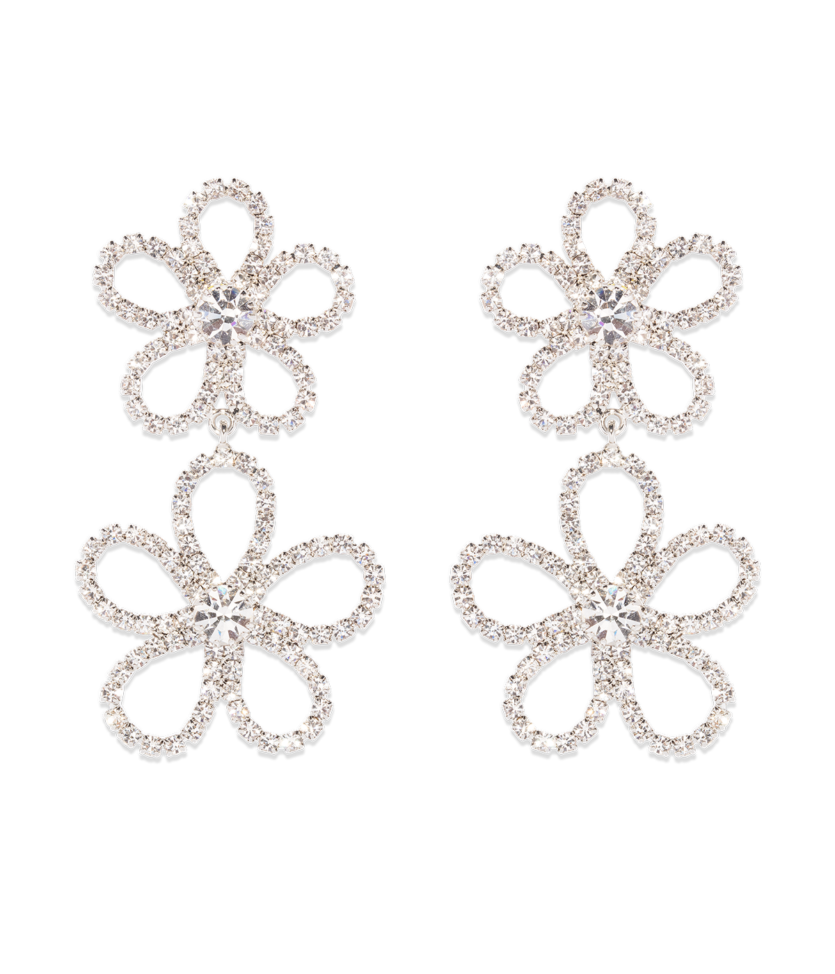 Front view of Leilani Flower Drop Earrings showcasing hand-set glass stones and floral drops on a black background
