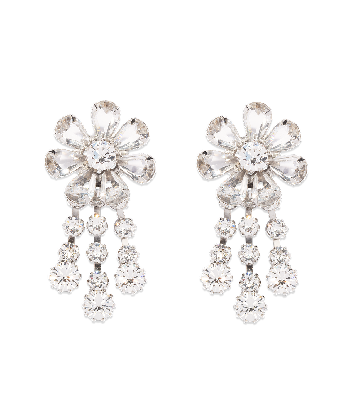 Front view of Frances Earrings in Crystal showcasing flower-shaped hand-set glass crystals and cascading fringe against a black background