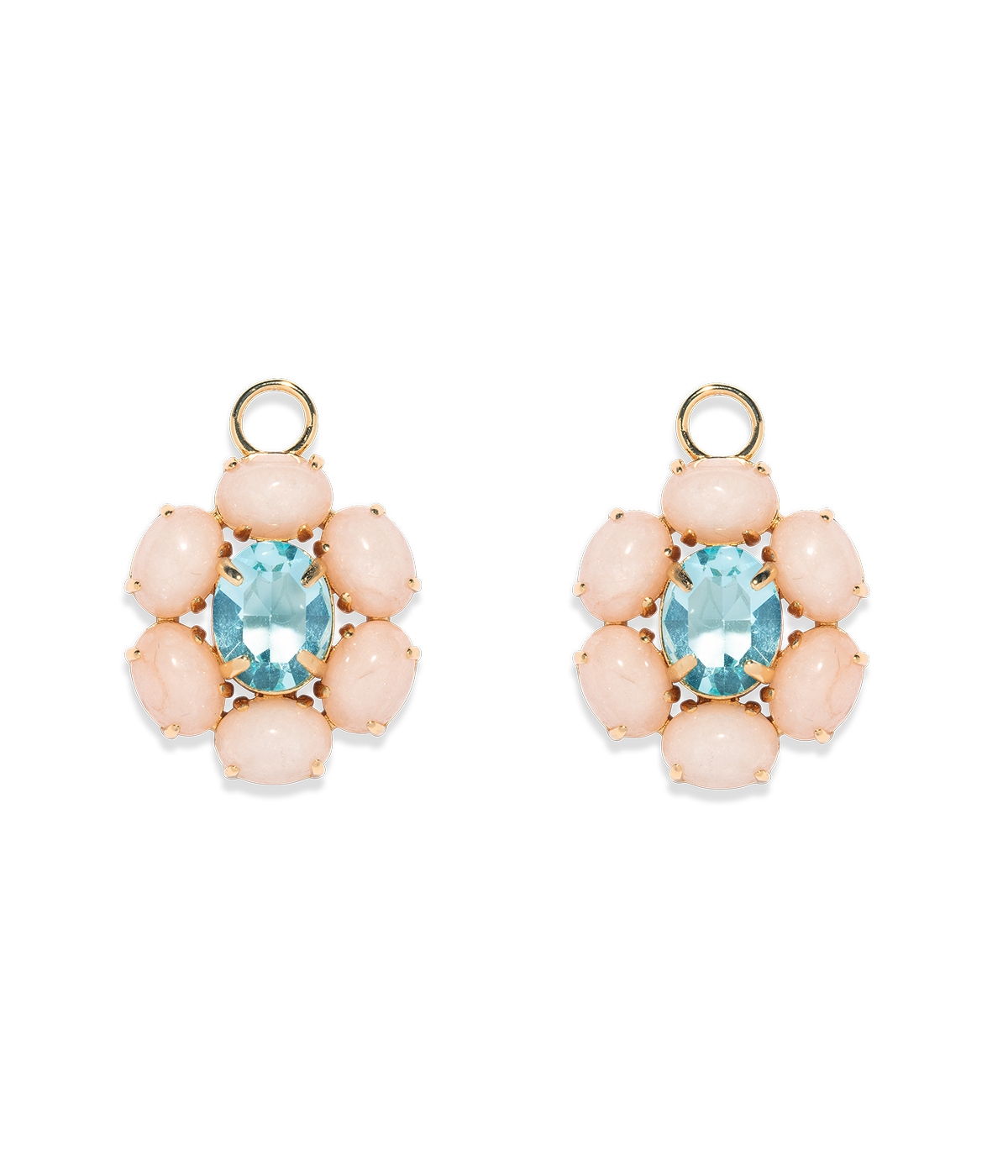 Front view of Ruthie Huggie Charms showcasing pink jade cabochons and blue aqua stones on a black background