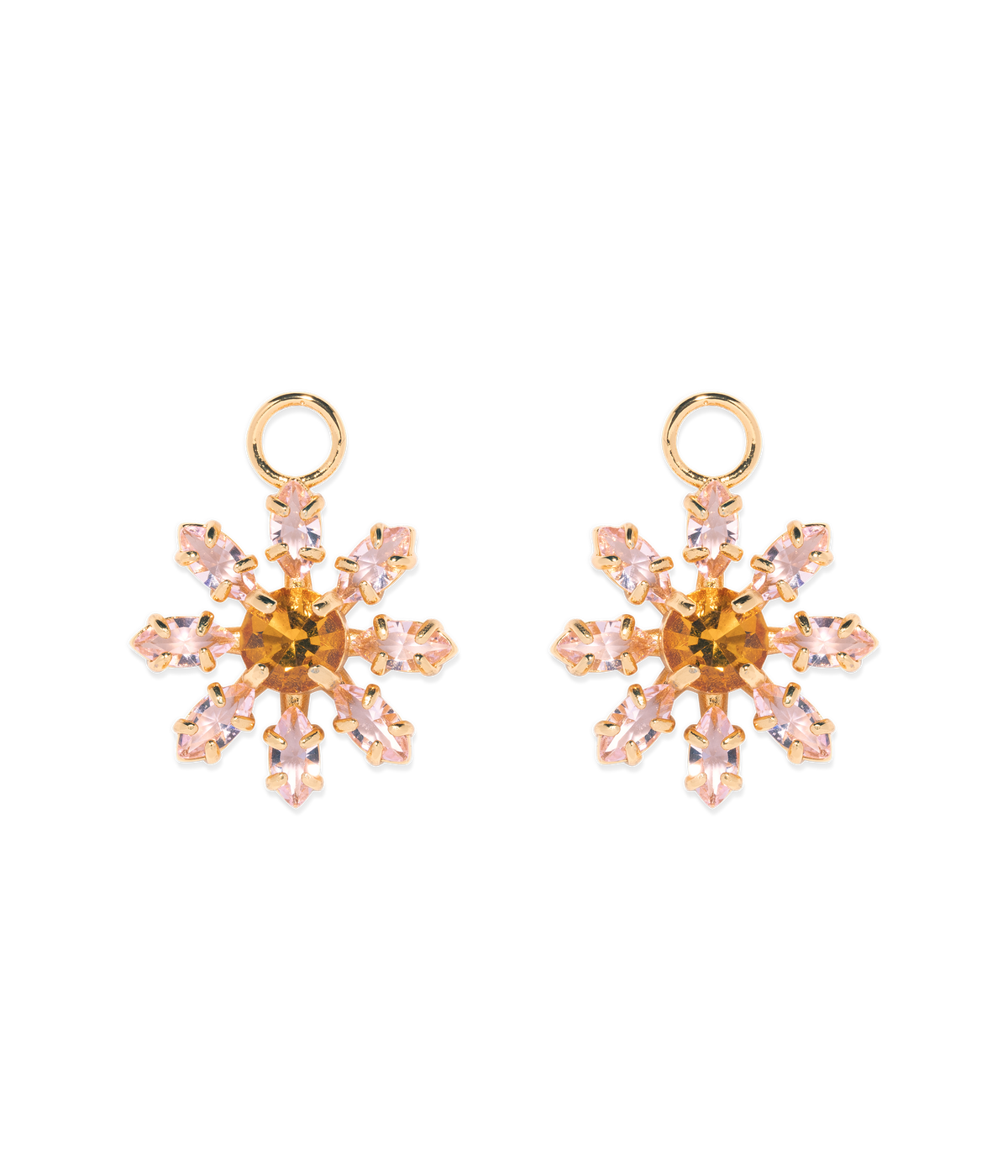 Front view of pair of Maisie Flower huggie charms showing pink glass petal stones and gold finish on black background