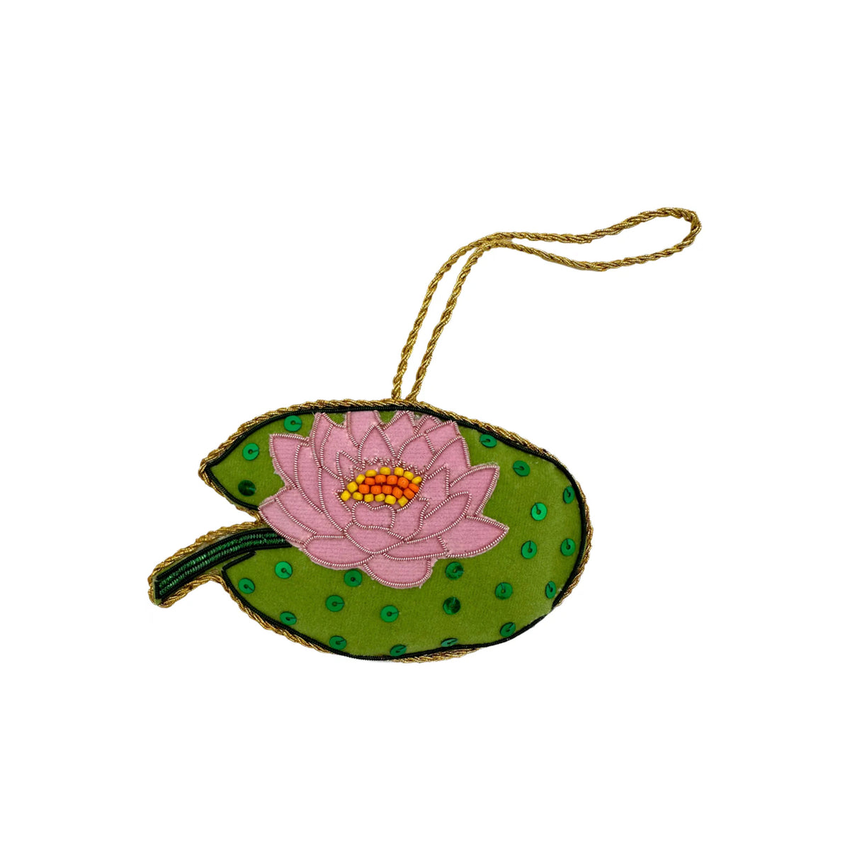 Front view of Lotus Ornament showcasing a hand-beaded pink lotus on a green lily pad with white background