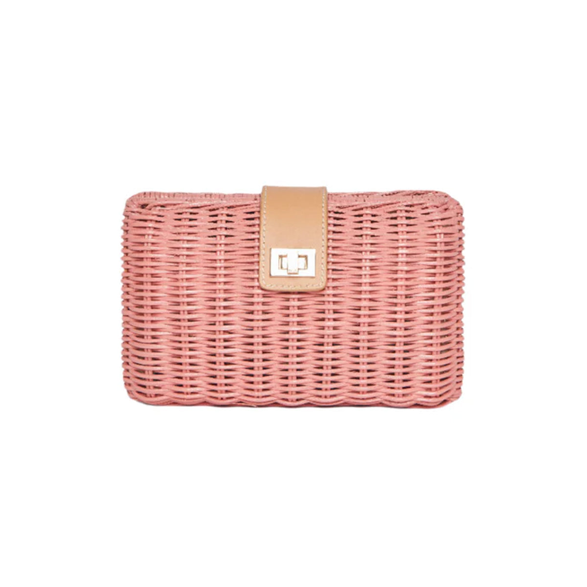 Front view of Lou Wicker straw clutch bag showcasing pink woven rattan body, tan tab, and gold turn-lock on white background