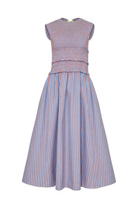 The Louise midi dress has a smocked elastic waist and bodice and a bold neon grosgrain ribbon tie.