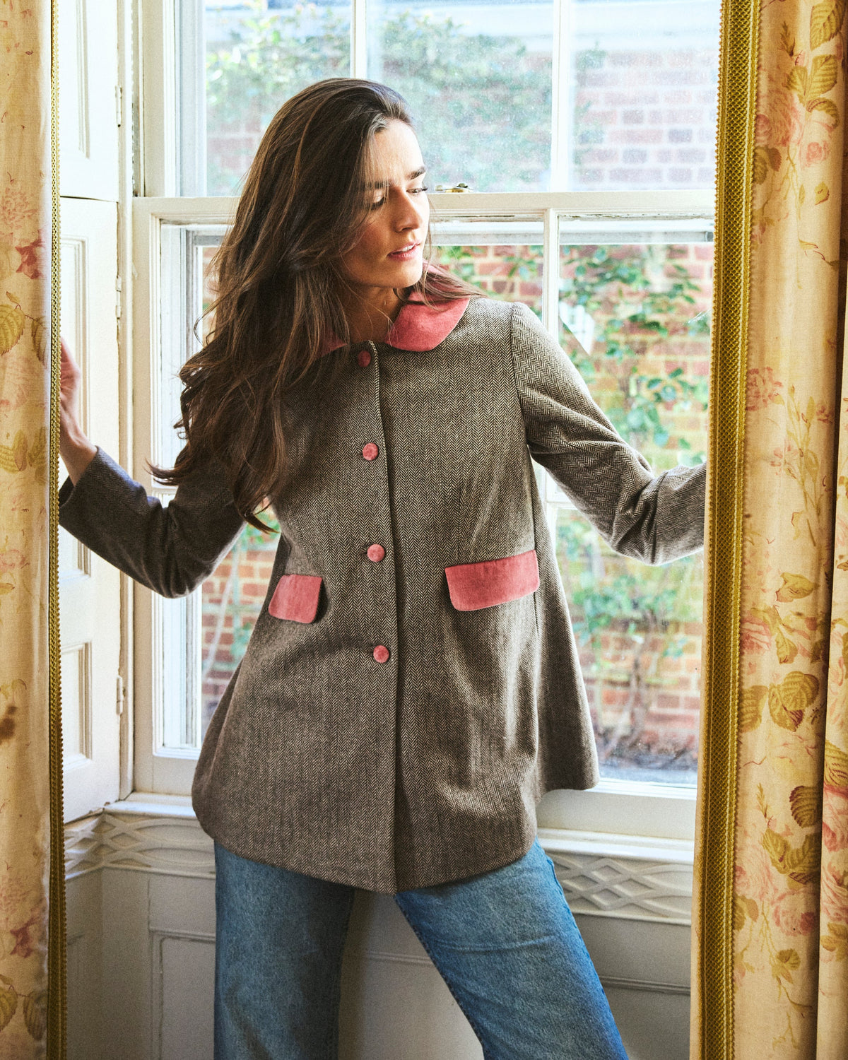Amelie Swing Coat in Herringbone & Rose