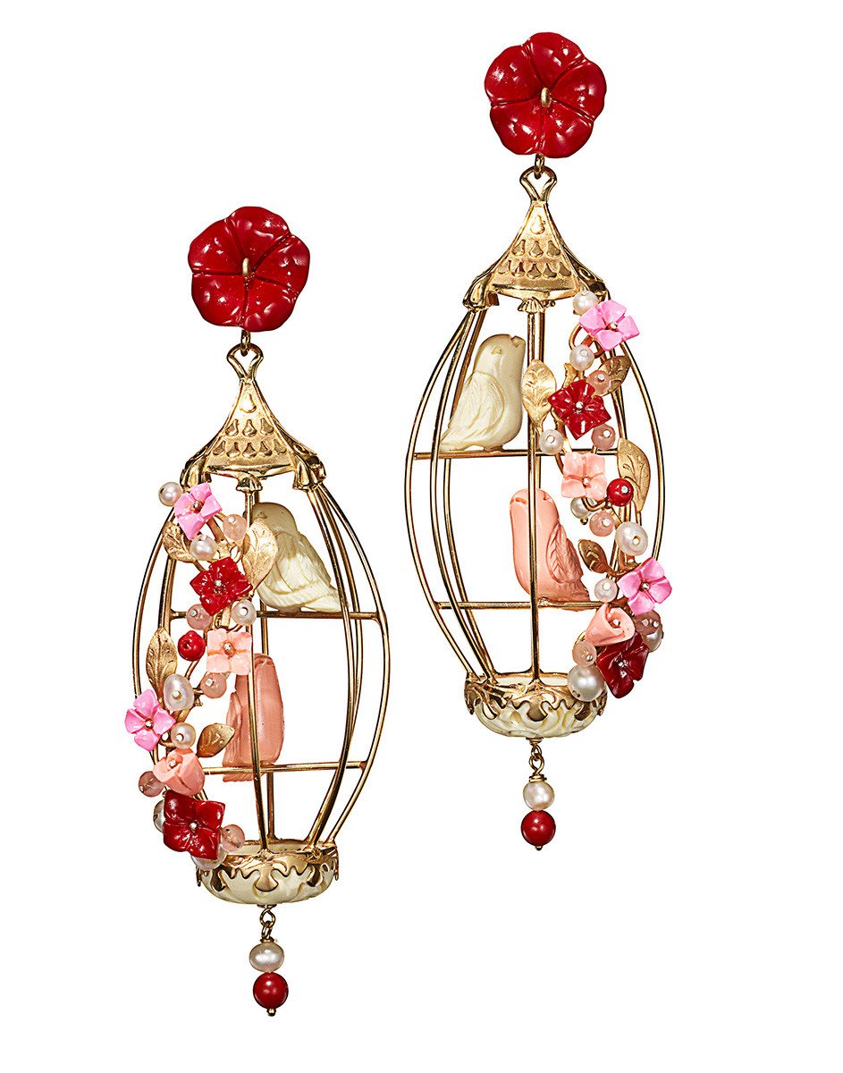 Lovebirds Earrings in Ruby, White & Pink