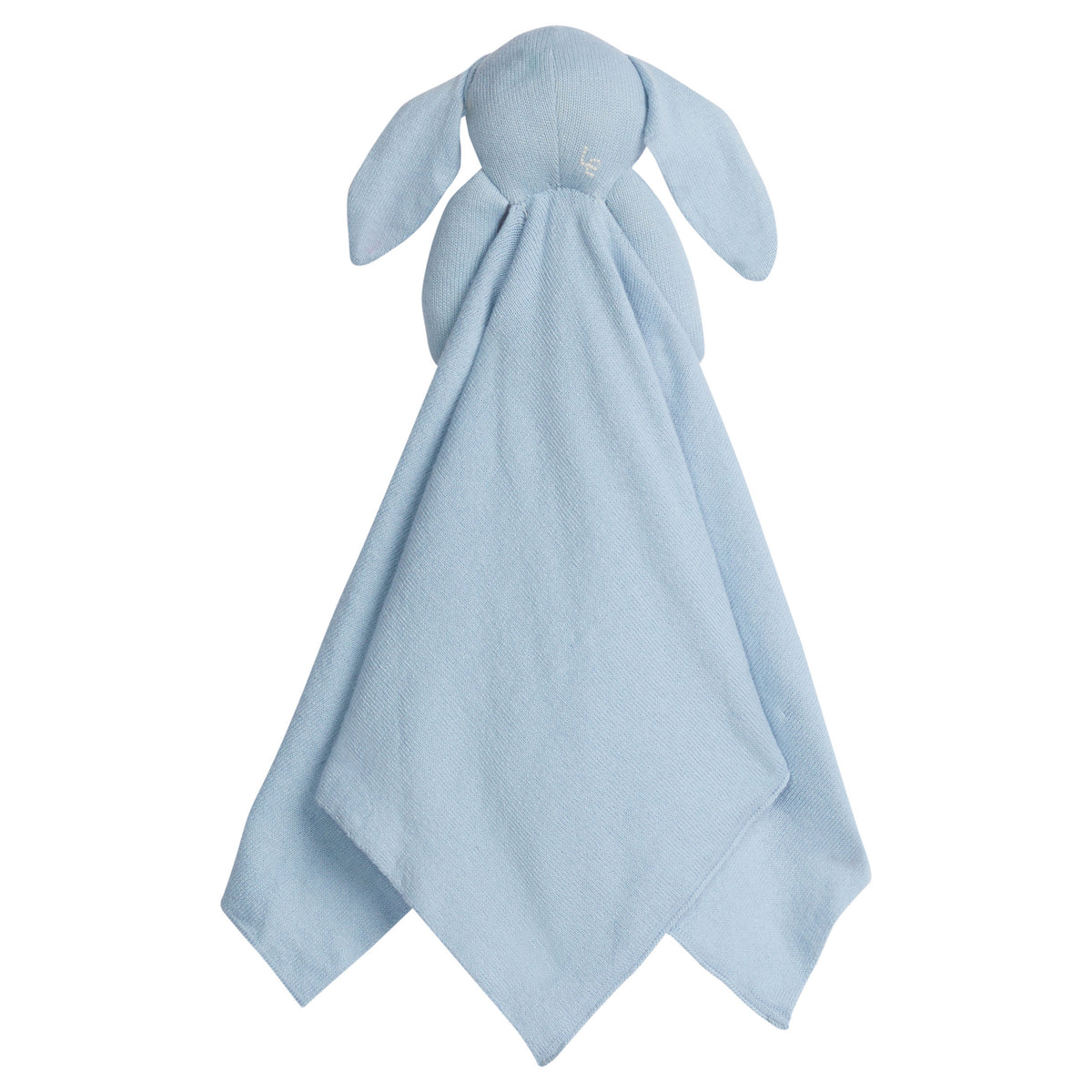 Back view of Lovie in Blue Bunny showcasing light blue fabric, bunny head with satin ears and embroidered eyes and nose on white background