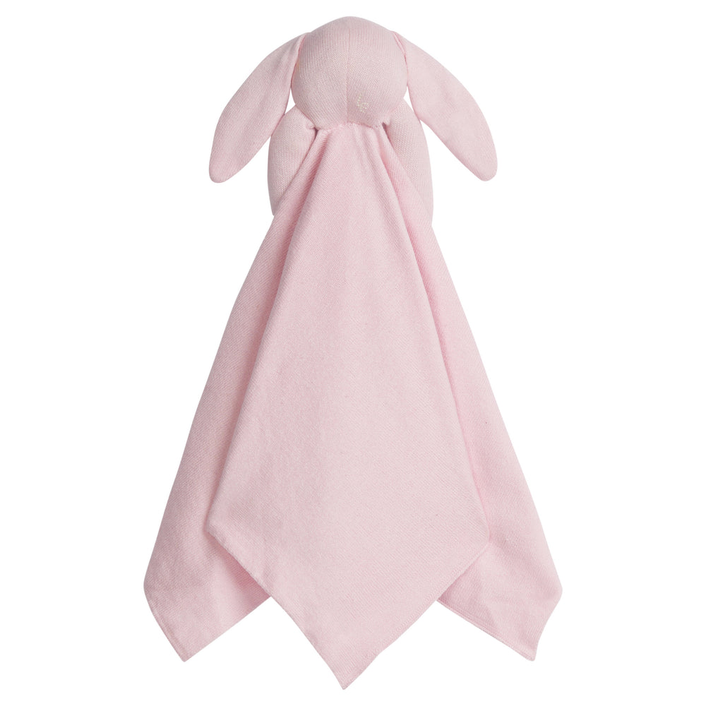 Front view of Lovie pink bunny showing soft pink blanket with plush head, satin ears, and embroidered face on white background