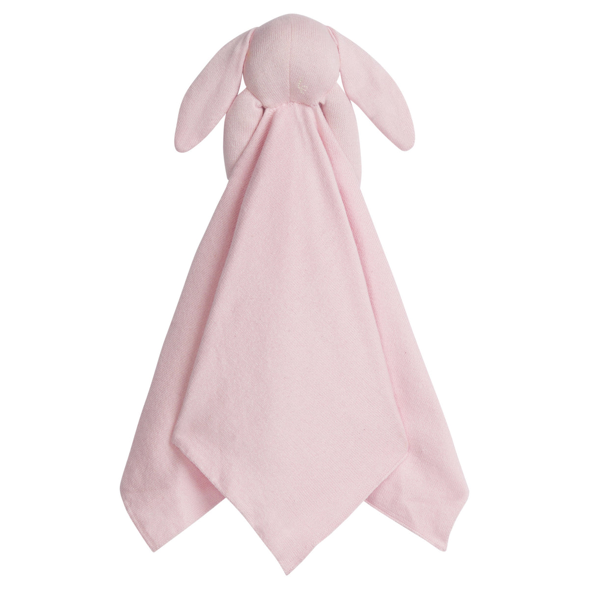 Back view of Lovie in Pink Bunny showcasing the light pink blanket and satin ears on a white background