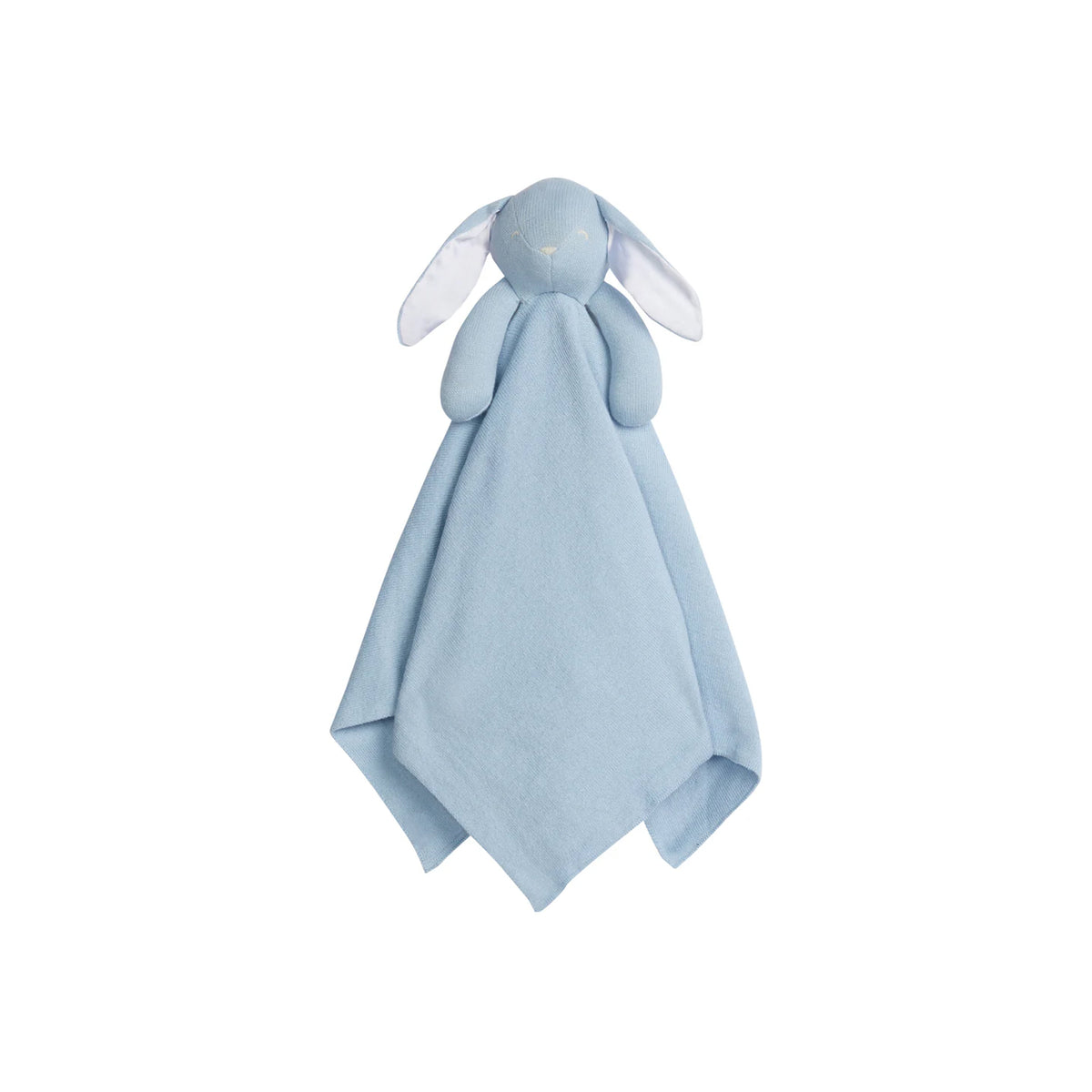 Front view of Lovie in Blue Bunny showcasing light blue fabric, satin ears, and embroidered eyes and nose on white background