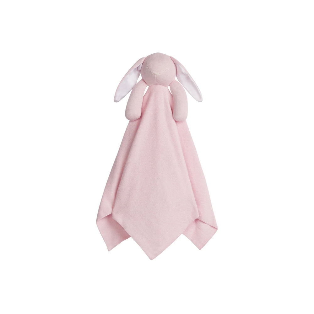 Front view of Lovie in Pink Bunny lovey with stuffed bunny head, satin ears and embroidered face on white background