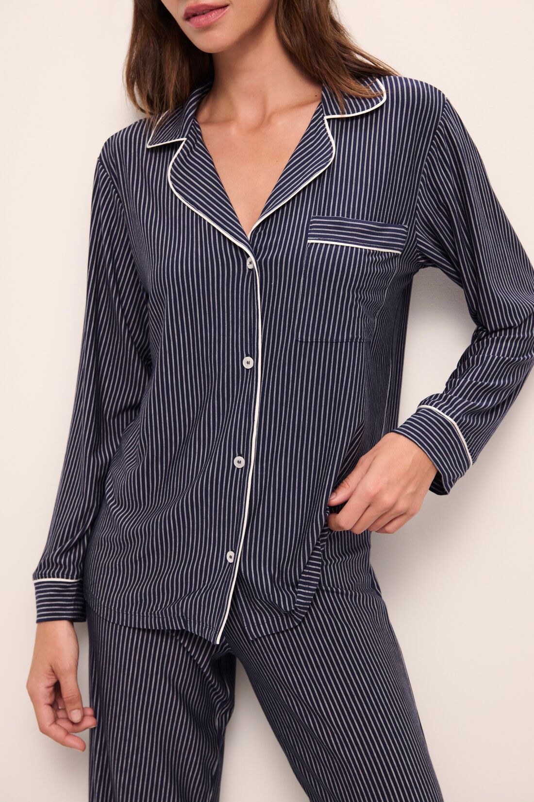 Gisele Printed Long Pj Set In Duo Stripe True Navy/Ivory