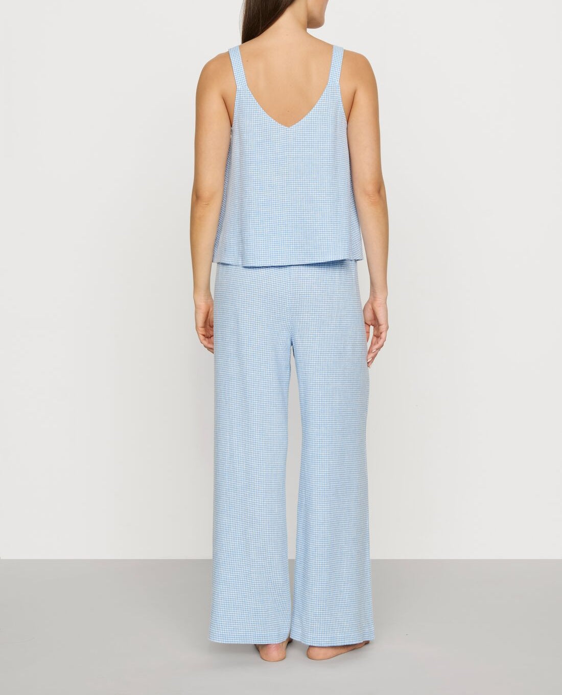 Linen-Blend V-Neck Cami in Gingham White/Summer Blue