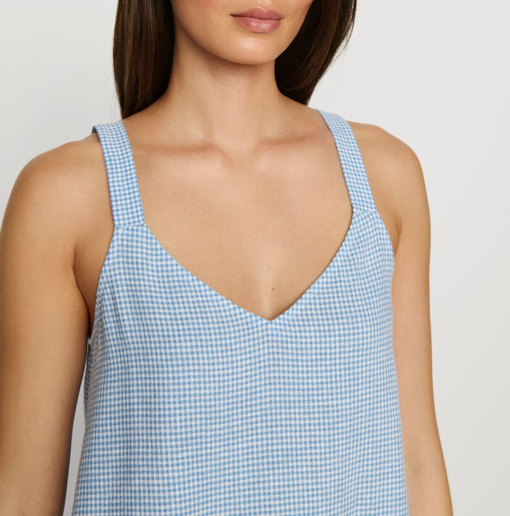 Linen-Blend V-Neck Cami in Gingham White/Summer Blue