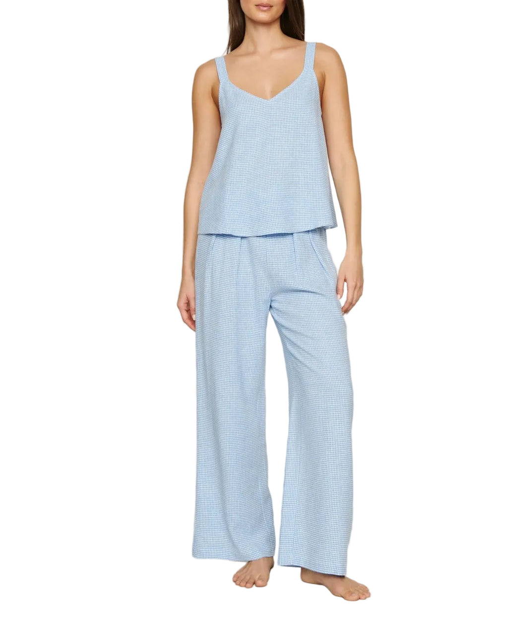Linen-Blend V-Neck Cami in Gingham White/Summer Blue