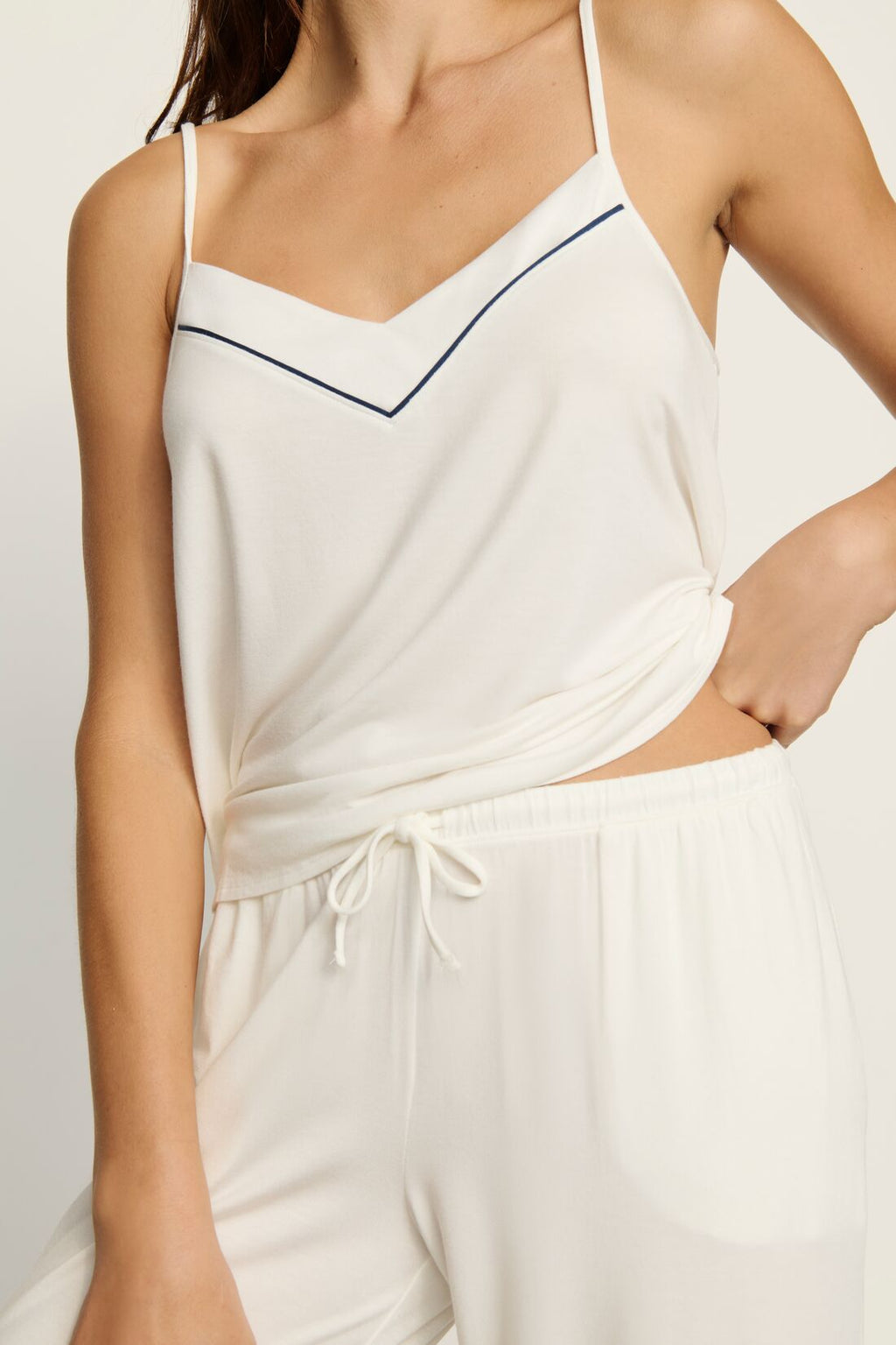 Gisele V-Neck Cami and Pant Set in Ivory/Navy