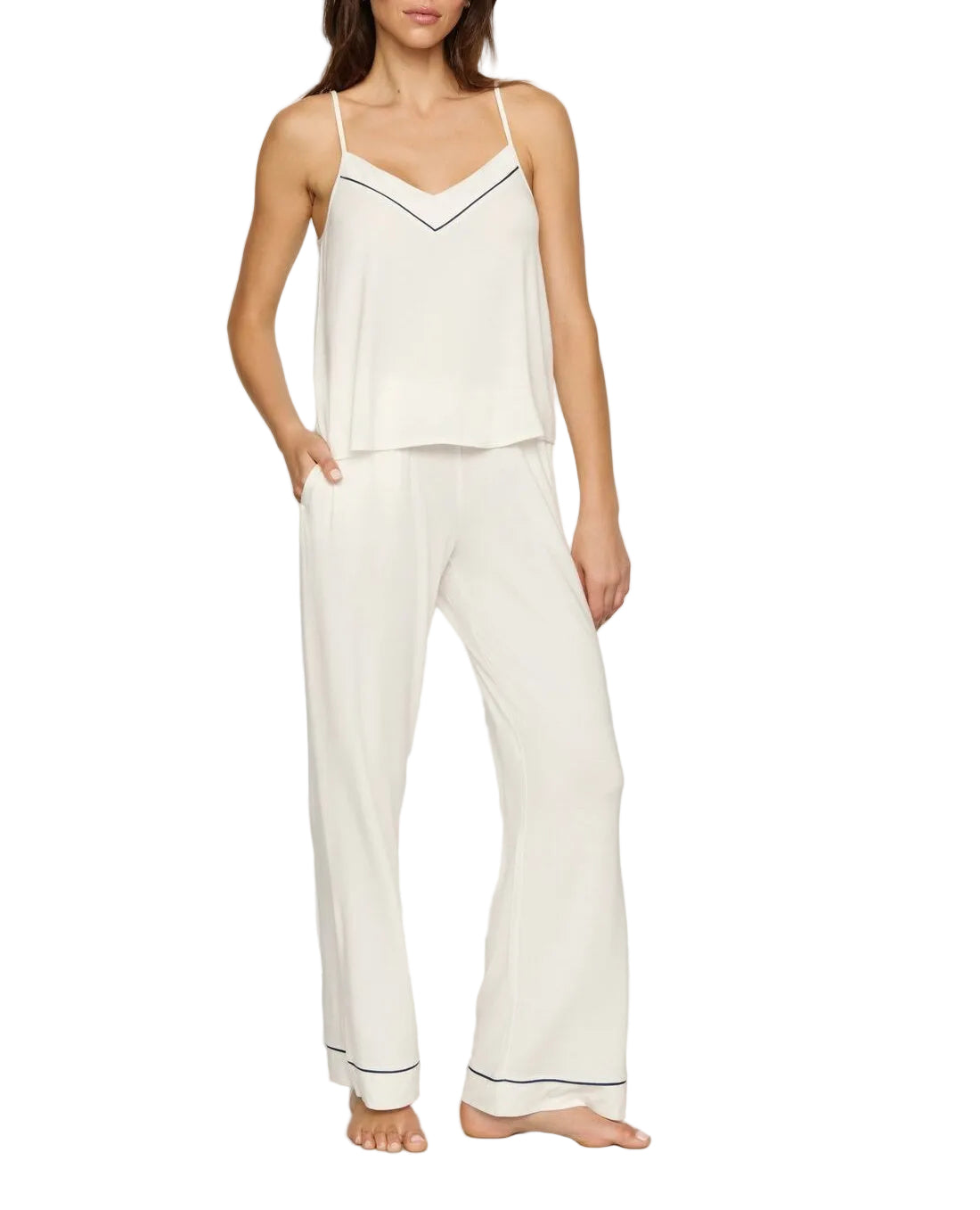 Gisele V-Neck Cami and Pant Set in Ivory/Navy
