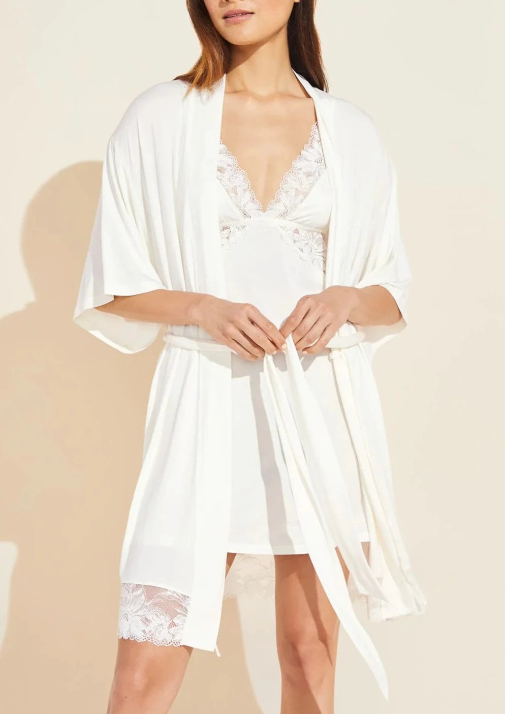 Front view of Eberjey Rosalia Robe in ivory showcasing lace trim and removable belt with a neutral background