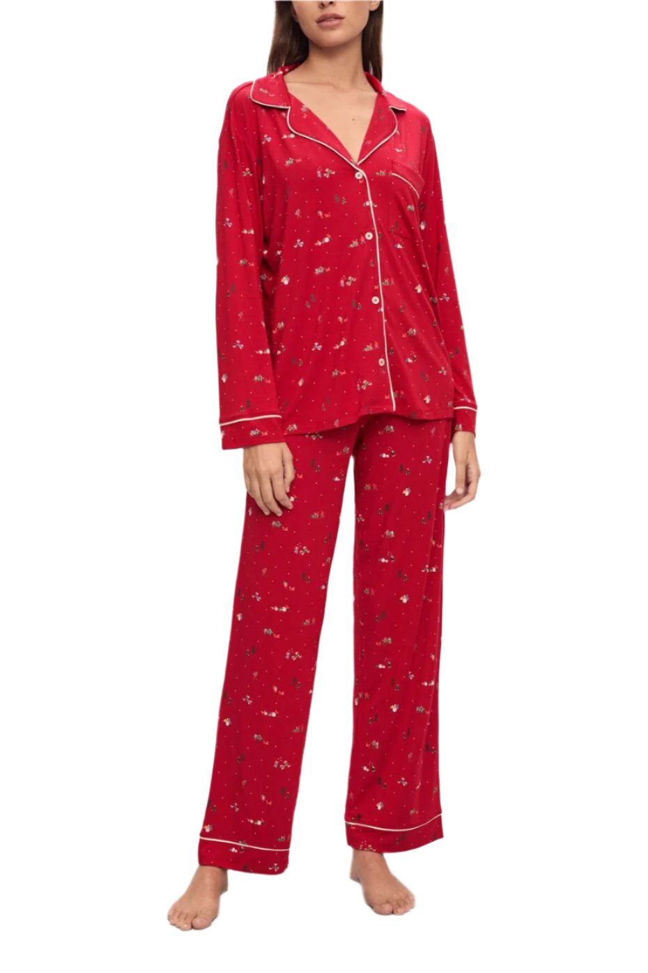 Gisele Printed Long Pj Set In Winter Wonderland Haute Red/Ivory