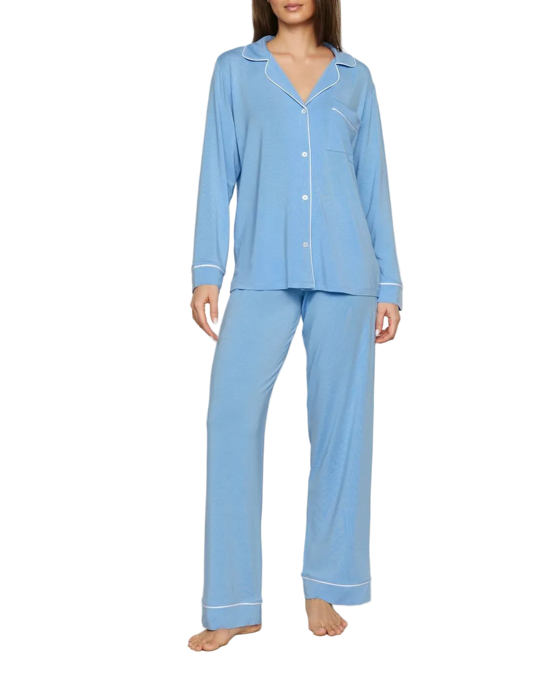 Gisele Long-Sleeve Shirt and Pant Set in Summer Blue/White