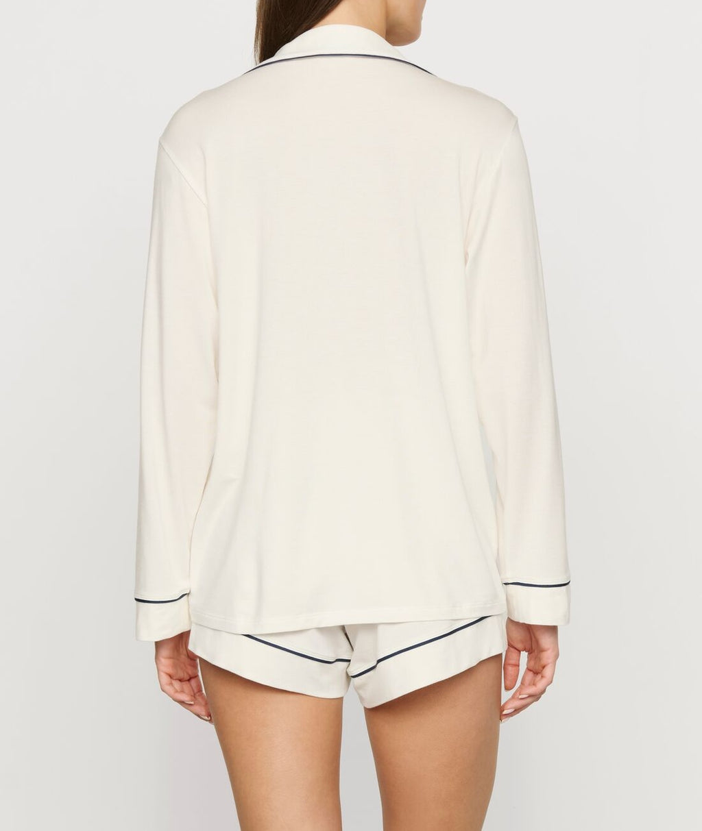 Gisele Long-Sleeve Shirt and Short Set in Ivory/Navy