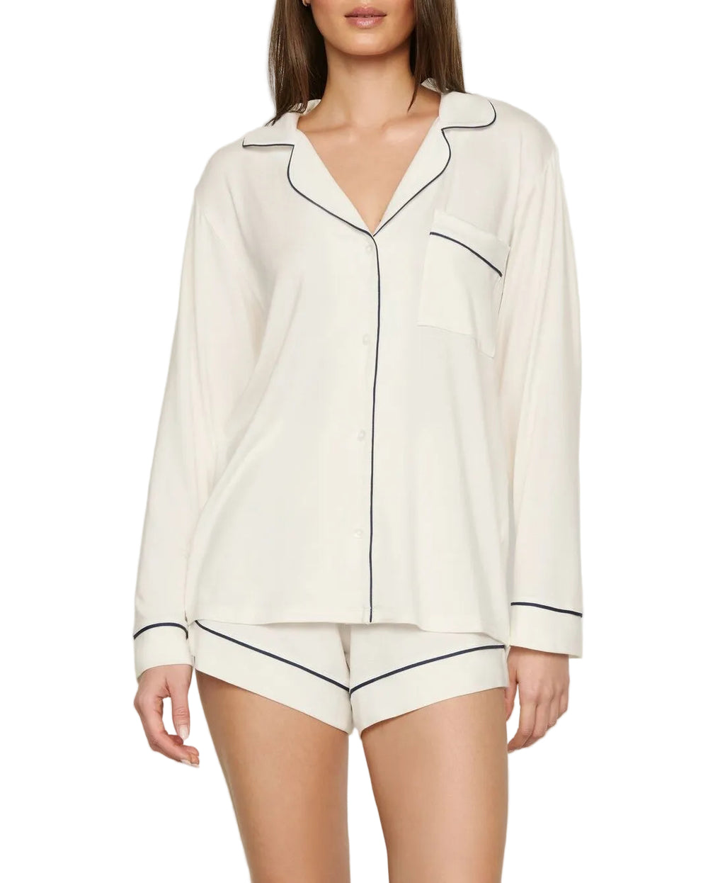 Gisele Long-Sleeve Shirt and Short Set in Ivory/Navy