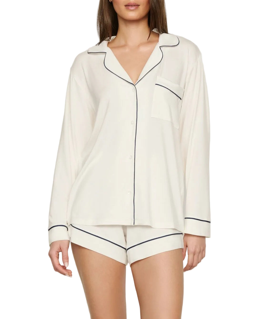 Gisele Long-Sleeve Shirt and Short Set in Ivory/Navy