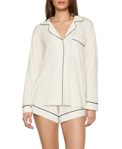 Gisele Long-Sleeve Shirt and Short Set in Ivory/Navy