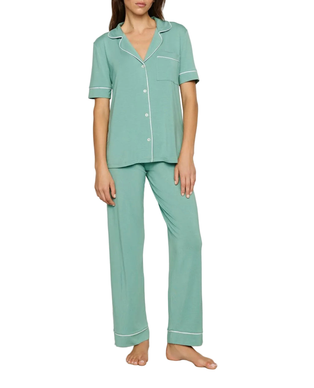 Gisele Short-Sleeve Pant Pajama Set in Seagrass/White