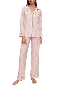 Gisele Printed Long Pj Set In Duo Stripe Haute Red/Haute Red