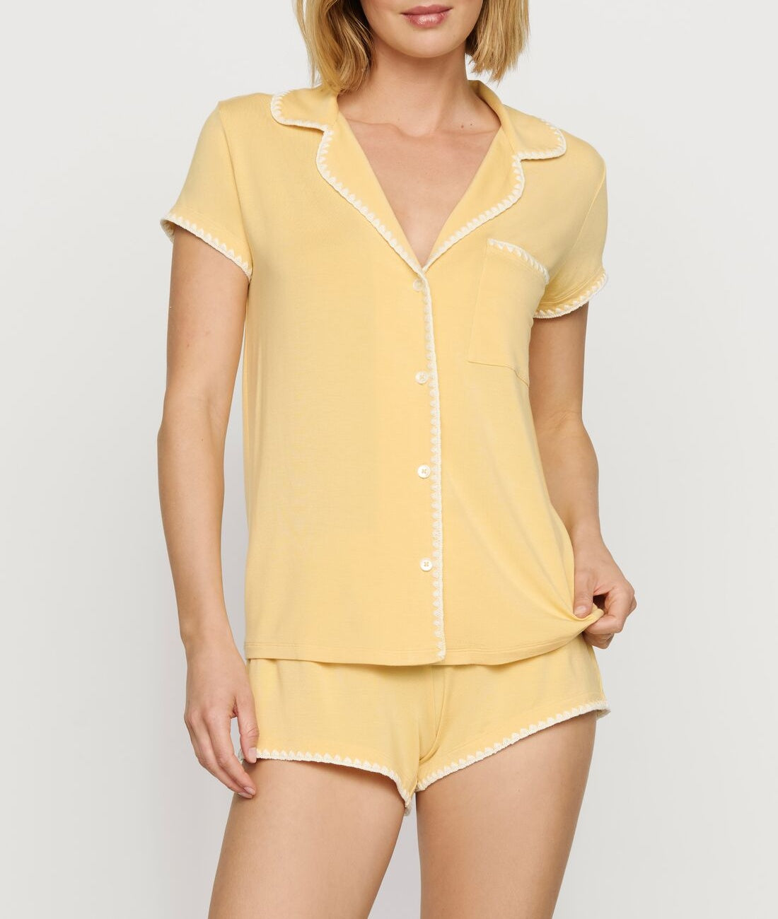 Frida Pajama Short-Sleeve and Short Set in Sunbeam/Ivory