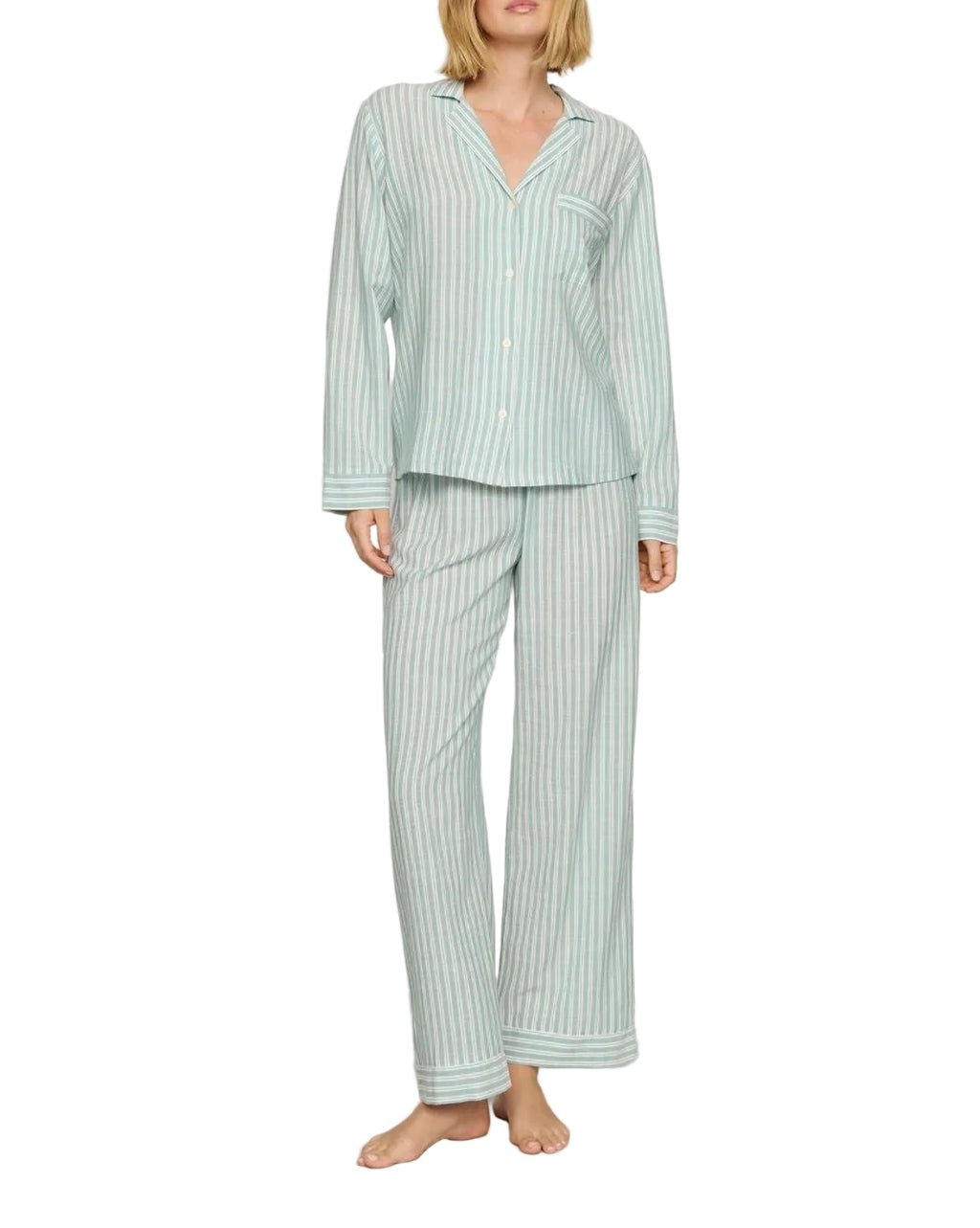 Nautico Long-Sleeve Shirt and Pant Pajama Set in Regatta Stripe Seagrass/White