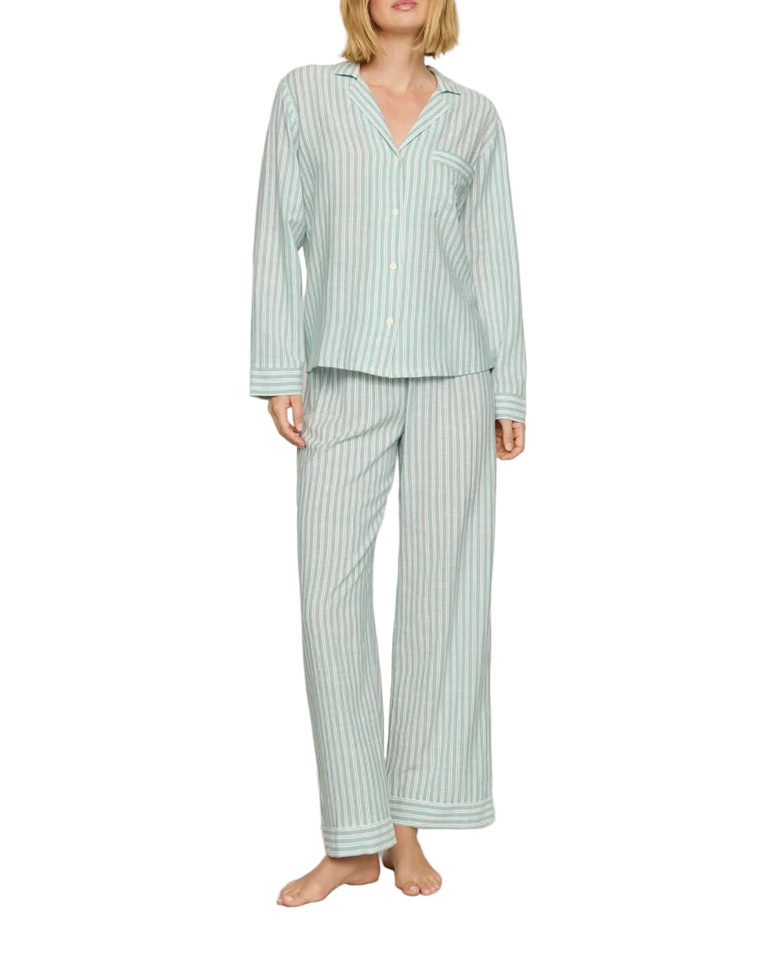 Nautico Long-Sleeve Shirt and Pant Pajama Set in Regatta Stripe Seagrass/White