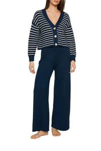 Coastal Cotton Cardigan in Stripe Navy/Almond Heather