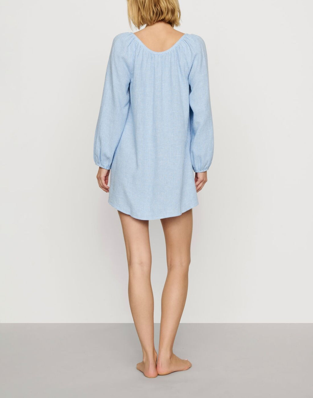 Linen-Blend Short Dress in Gingham White/Summer Blue
