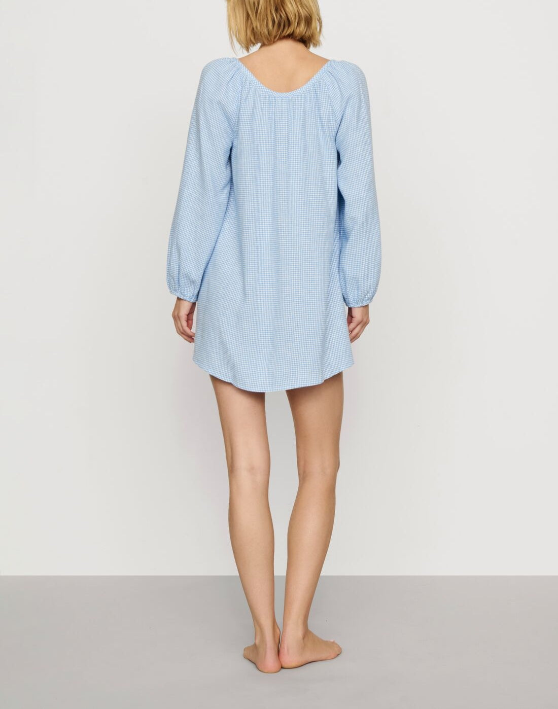 Linen-Blend Short Dress in Gingham White/Summer Blue