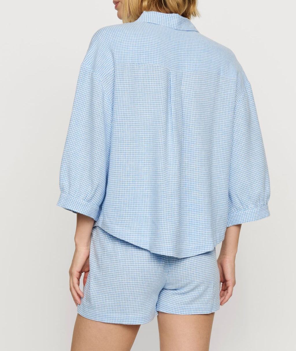 Linen-Blend Relaxed Short in Gingham White/Summer Blue