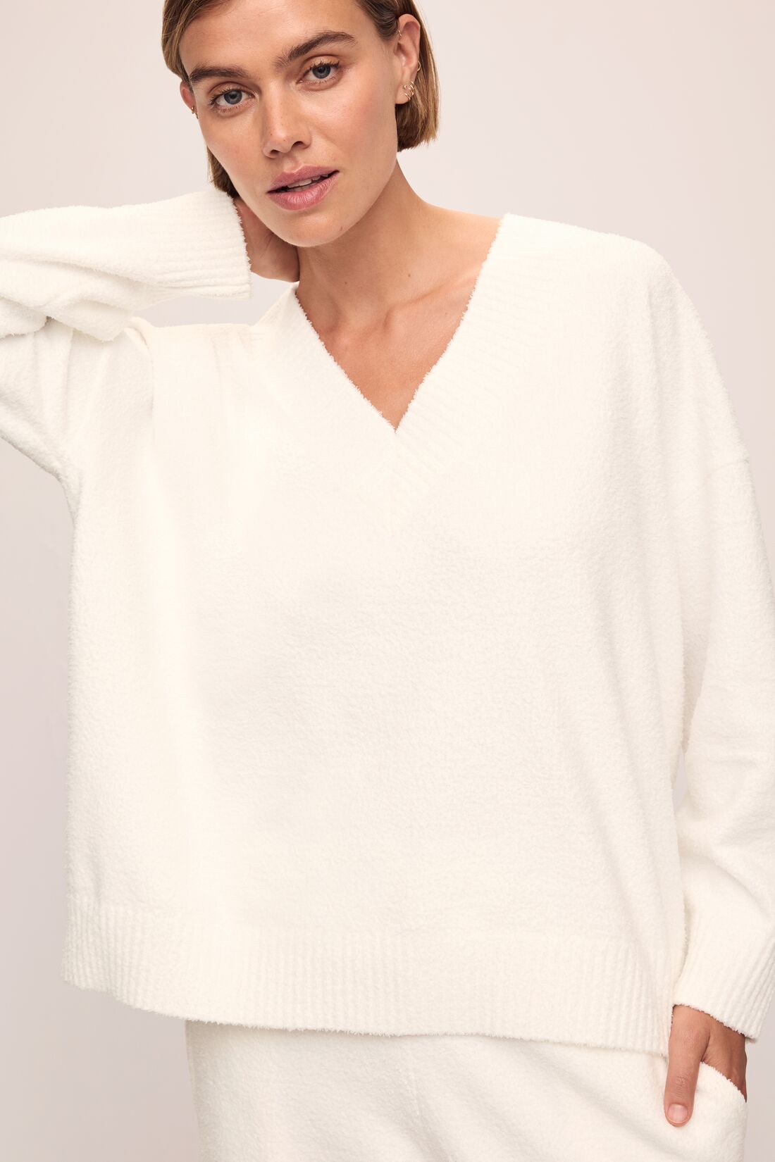 Recycled Boucle V Neck Sweater In Ivory